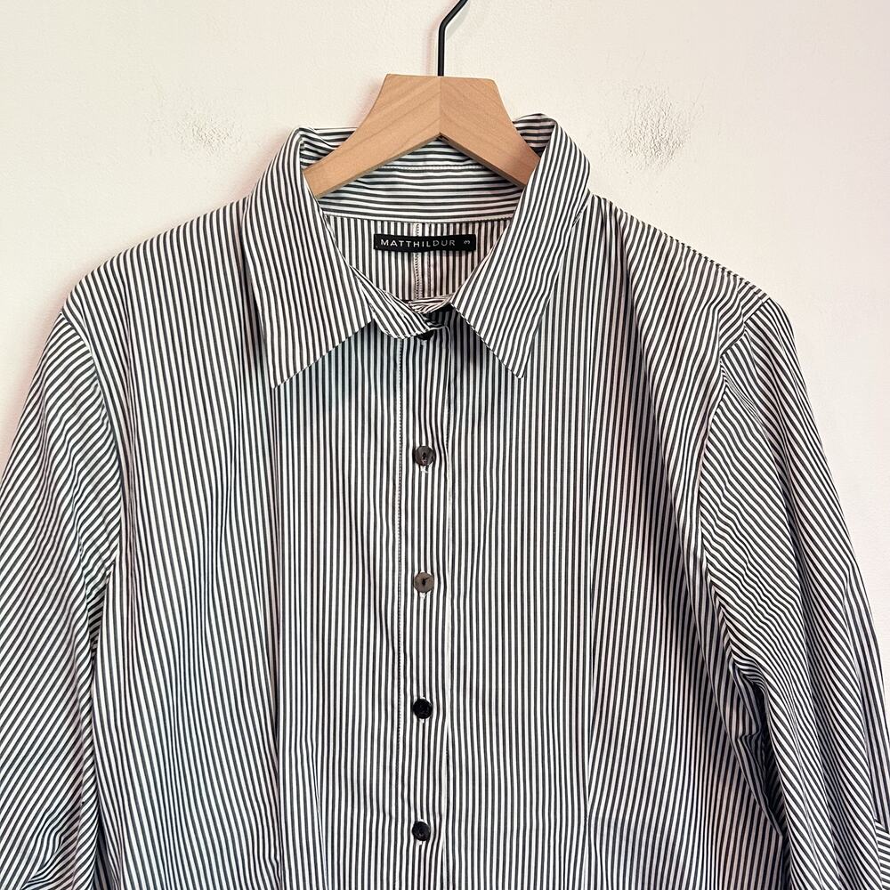 Matthildur Cotton Striped Button Up Short Sleeve Dress Gray Size 3 - Picture 2 of 7